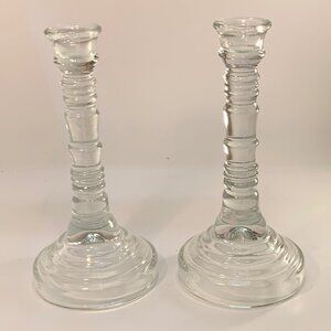 Glass Candlestick Holders Pair Ribbed Design Clear Elegant 9" Tall